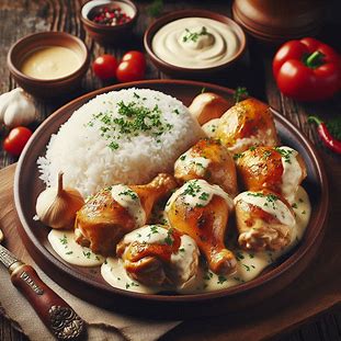 Frango cremoso de panela com maionese Hellmann’s servido em travessa, acompanhado de arroz.