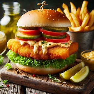 Sanduíche de peixe empanado com alface, tomate e molho de limão.