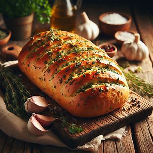 Pão dourado recheado com alho e ervas frescas.