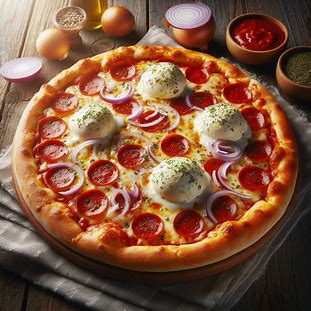 Pizza de calabresa com cream cheese derretido e cebola sobre massa dourada.