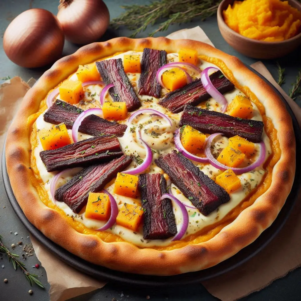 Pizza de carne seca com abóbora cremosa e cebola roxa sobre queijo derretido e massa dourada.