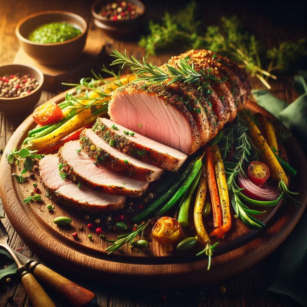 Lombo suíno fatiado com crosta de ervas frescas servido em tábua de madeira.