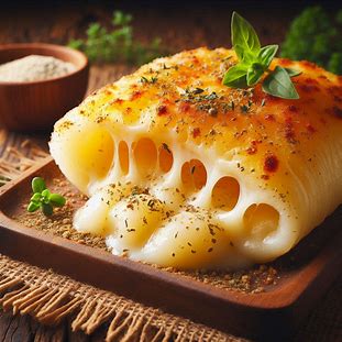 Tapioca dobrada ao meio com queijo derretido escorrendo e orégano por cima.
