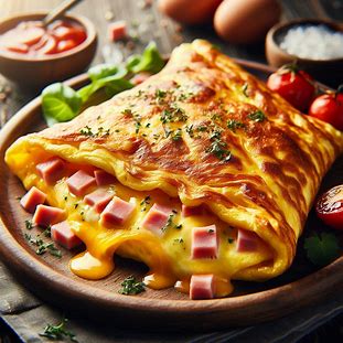 Omelete dobrado com queijo derretido aparecendo nas bordas e presunto picado.