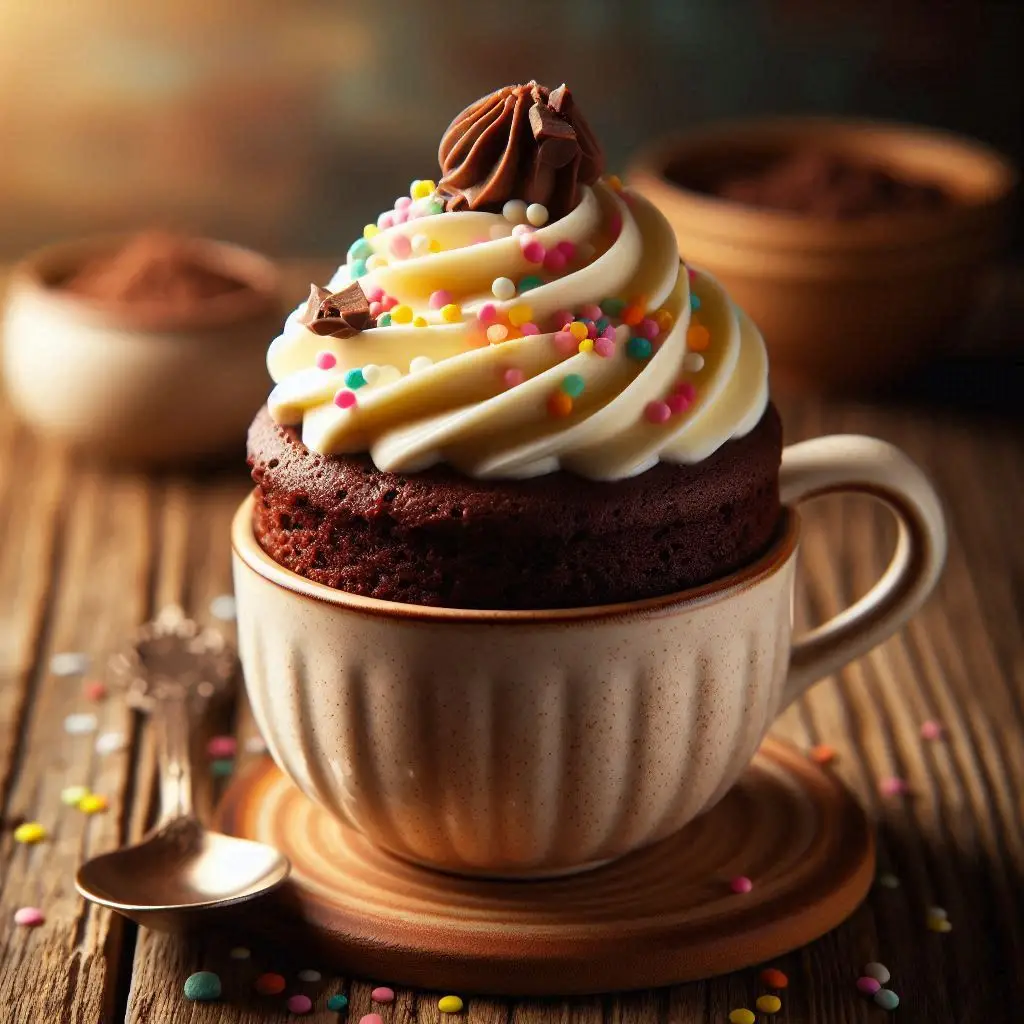 Bolo de chocolate servido em caneca com textura fofinha.