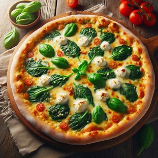 Pizza de ricota com espinafre verde vivo e queijo derretido.