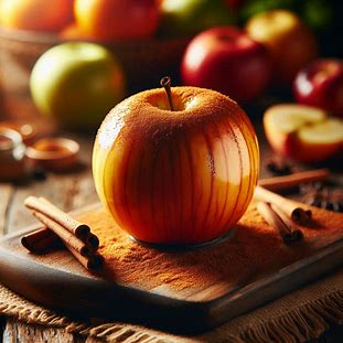 Maçã assada com canela dourada na superfície.