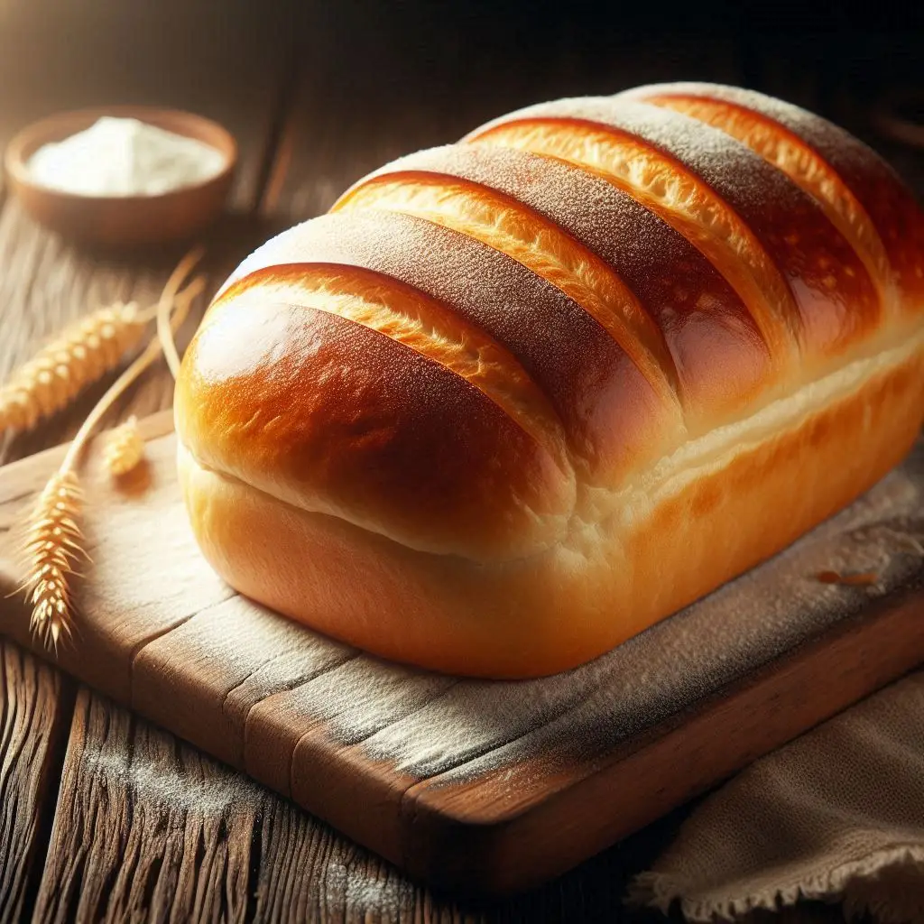 Pão claro, macio e brilhante com textura amanteigada.