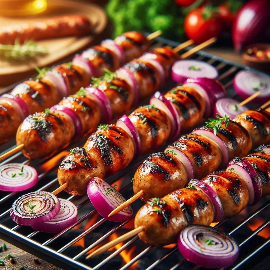 Espetinhos de linguiça toscana com cebola roxa dourados na churrasqueira.