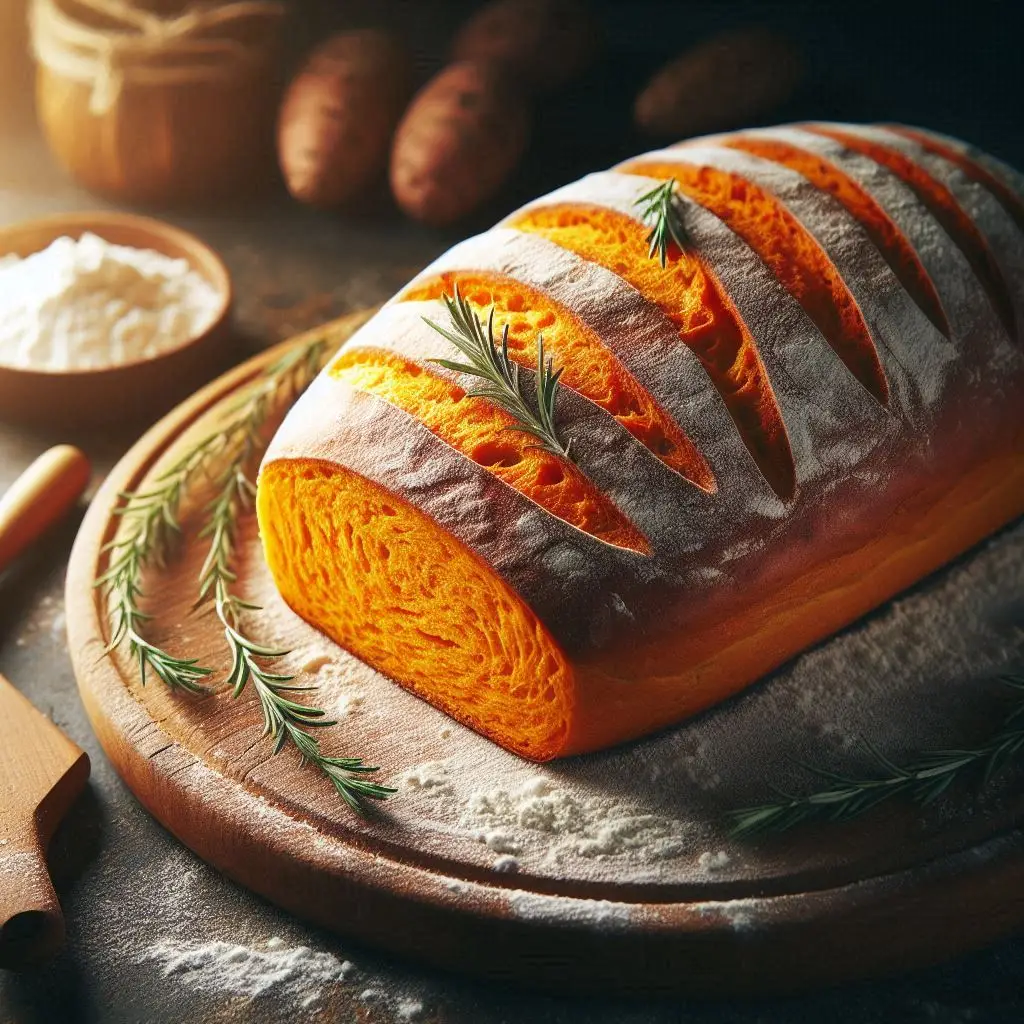 Pão de batata-doce com casca dourada.