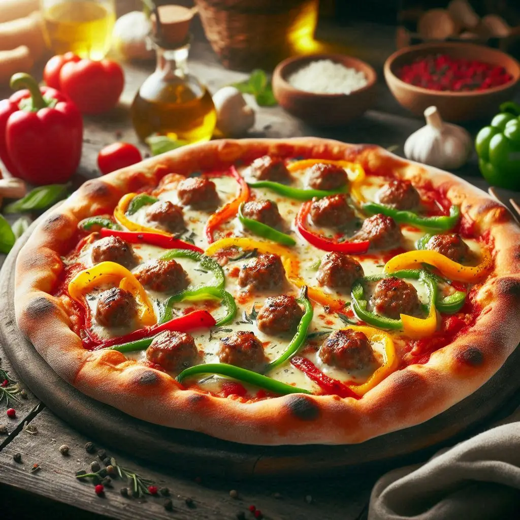 Pizza de linguiça toscana com pimentões coloridos e queijo derretido.