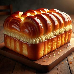 Pão doce dourado com recheio de creme visível entre as camadas, brilhante por cima.