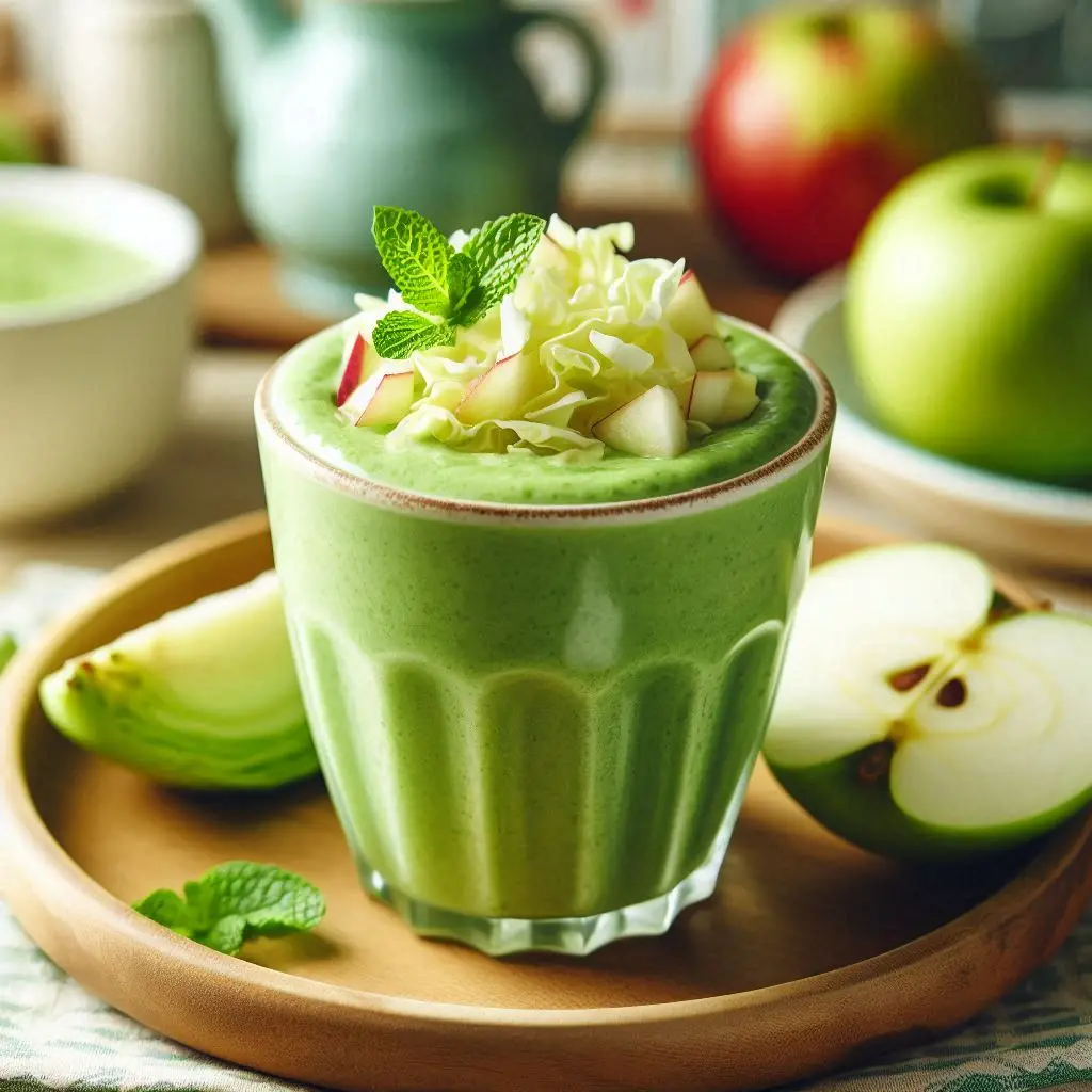 Copo de smoothie verde cremoso com textura fresca e vibrante. couve picada e maçã picada