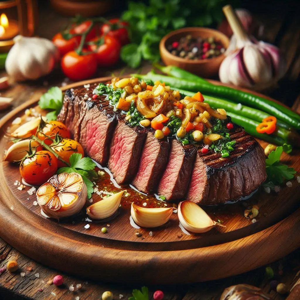 Fraldinha assada na brasa fatiada com alho confitado por cima, servida em tábua rústica.