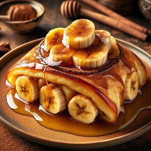 Crepioca dourada dobrada ao meio, recheada com banana e mel, com canela polvilhada por cima.