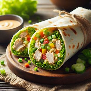 Wrap cortado ao meio, mostrando recheio de frango cremoso com folhas verdes.