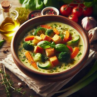 Sopa cremosa de legumes servida em tigela com cheiro-verde e croutons.