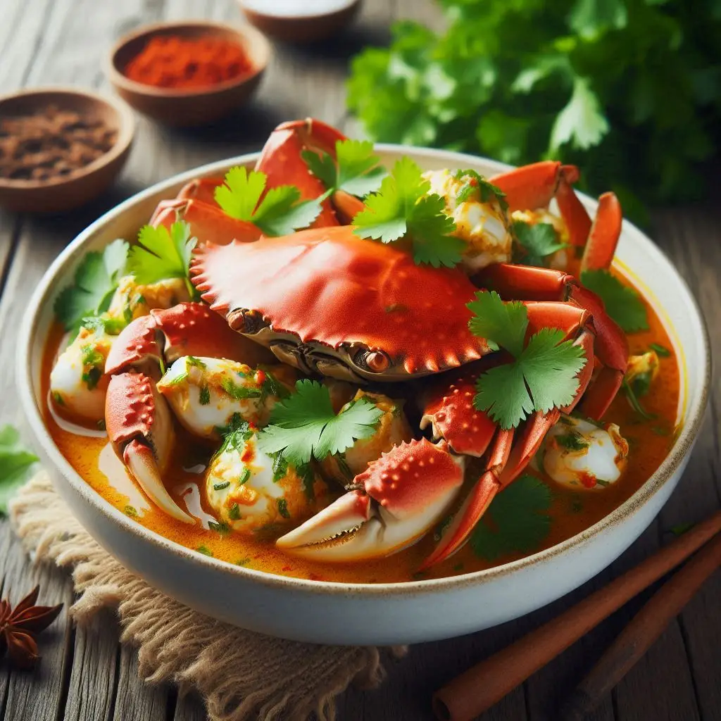 Carne de caranguejo ao molho de coco e curry servida em tigela branca, decorada com coentro fresco.