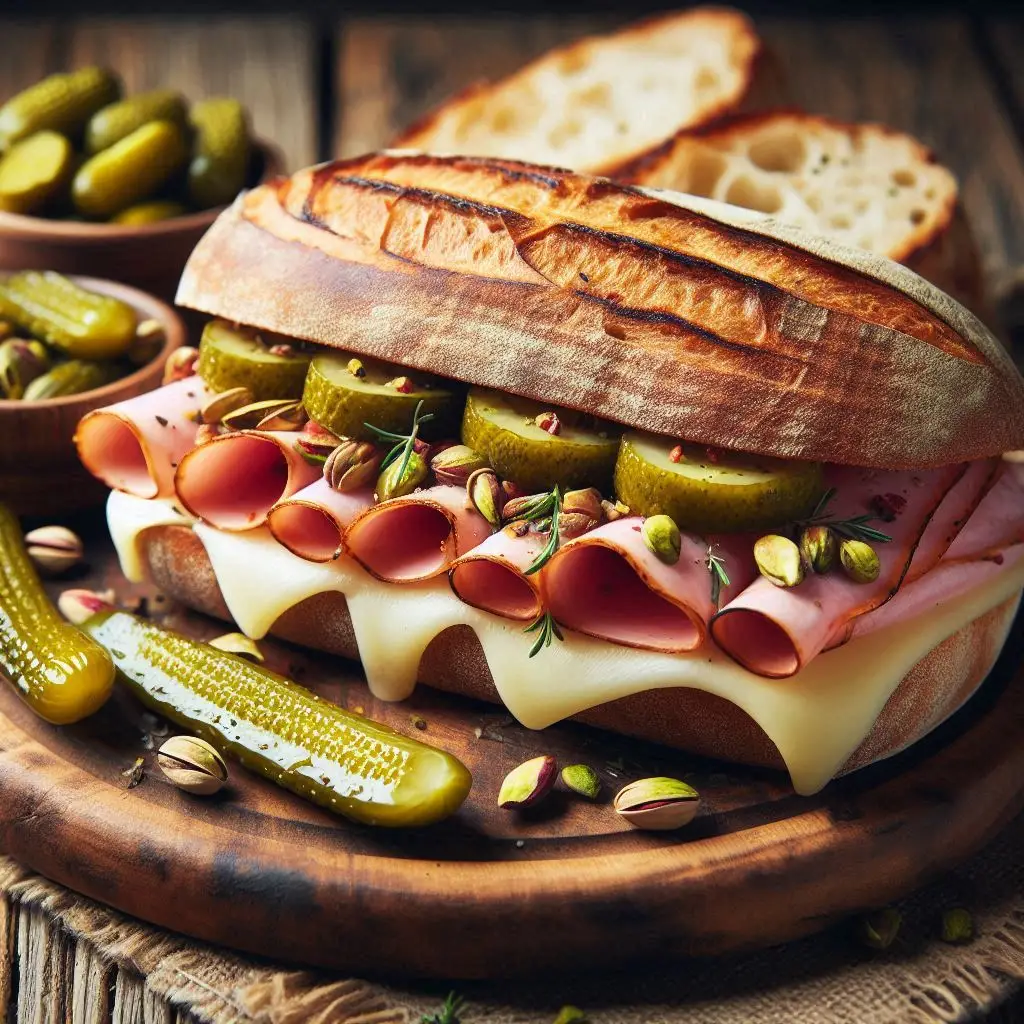 Sanduíche de mortadela grelhada com pistache e queijo prato derretido em pão crocante.
