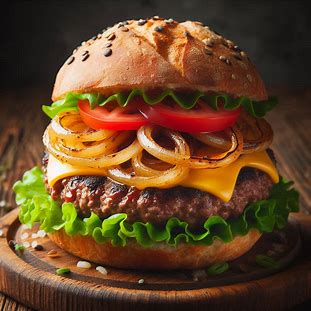 Hambúrguer artesanal com queijo derretido e cebola caramelizada entre pão dourado.