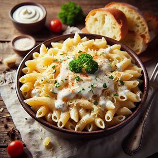 Prato de massa ao molho branco cremoso feito com maionese Hellmann’s e queijo ralado.