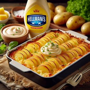 Refratário com batata gratinada dourada preparada com maionese Hellmann’s.