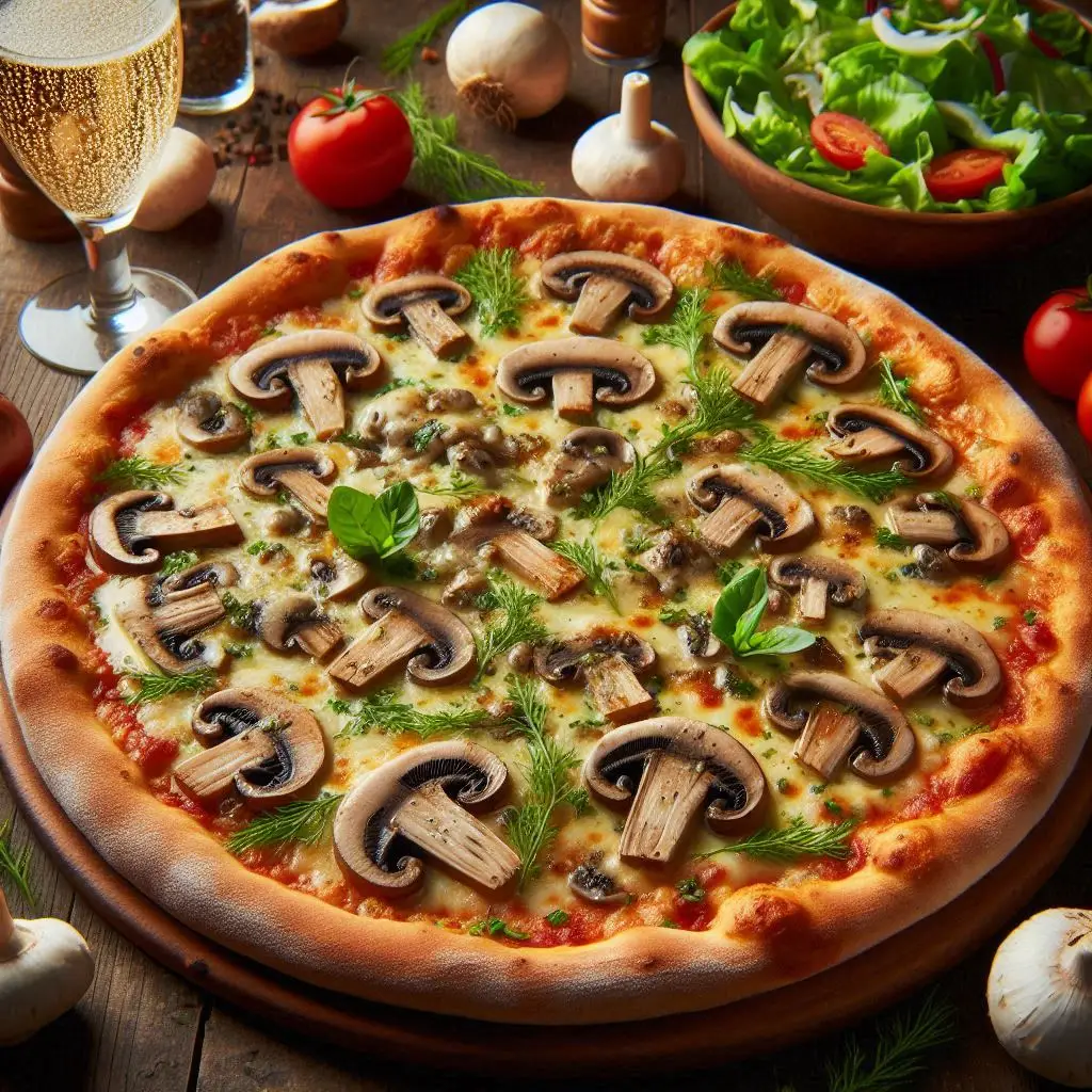 Pizza de cogumelos com alho, ervas e queijo derretido.