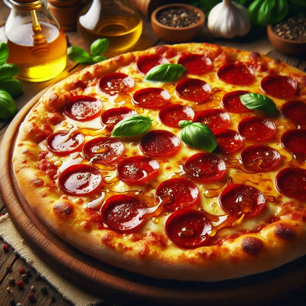 Pizza de pepperoni com mel picante e queijo borbulhante.