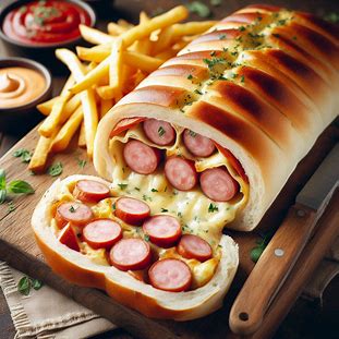 Cachorro-quente de forno fatiado mostrando recheio cremoso com salsichas e queijo derretido.