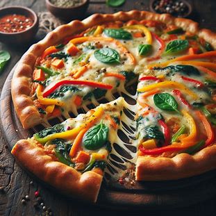 Torta salgada fatiada mostrando recheio colorido de legumes e queijo derretido.