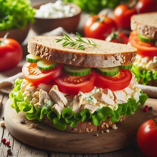 Sanduíche natural com pão integral, frango cremoso, tomate e alface em camadas.