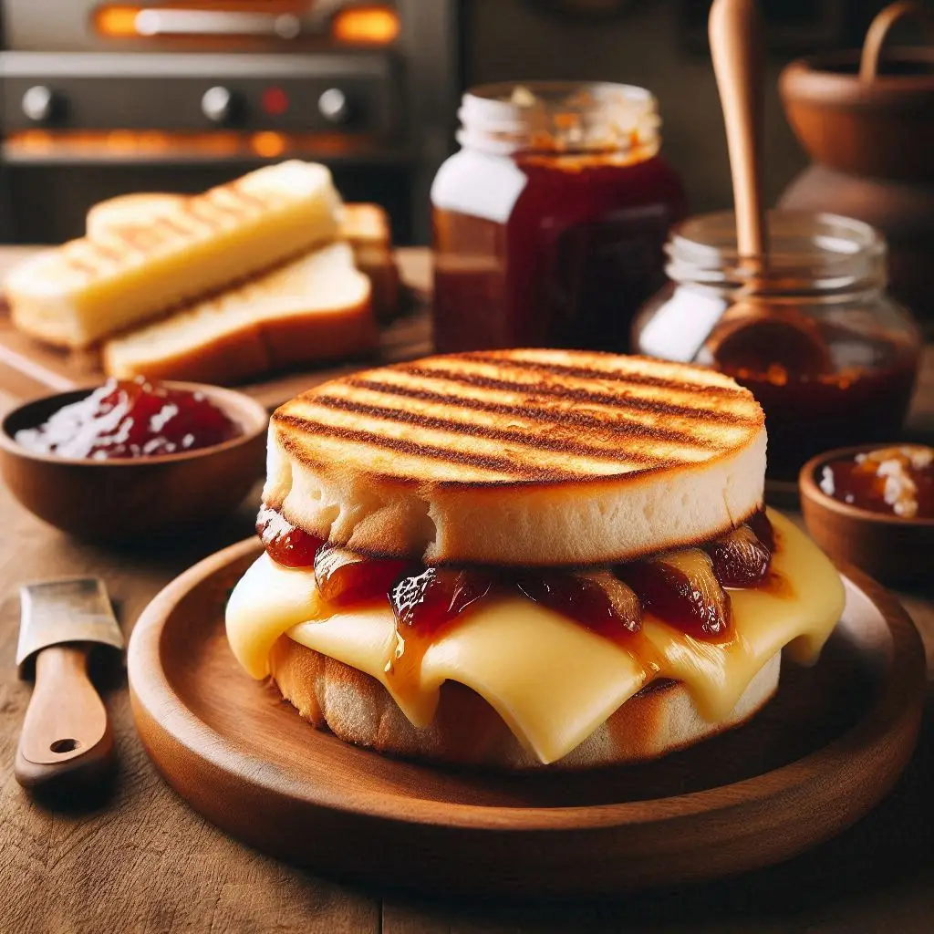 Sanduíche quente de queijo minas derretido com goiabada em pão dourado.