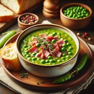 Sopa de ervilha cremosa com presunto servida em prato fundo com textura encorpada.