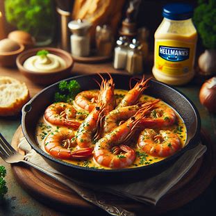 Camarões suculentos em molho cremoso com maionese Hellmann’s servidos em frigideira.