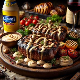 Bifes grelhados regados com molho cremoso feito com maionese Hellmann’s.