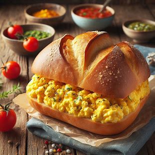 Pão recheado com ovo mexido temperado.