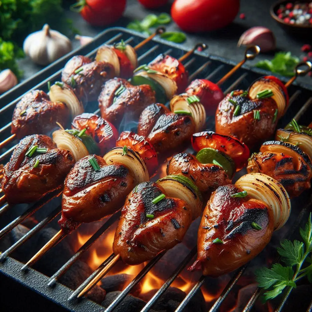 Espetinhos de coração de frango grelhados com alho e ervas na churrasqueira.