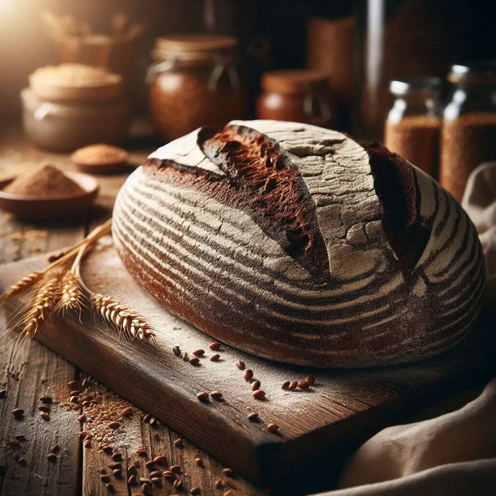 Pão rústico escuro com casca firme e farinha de centeio.