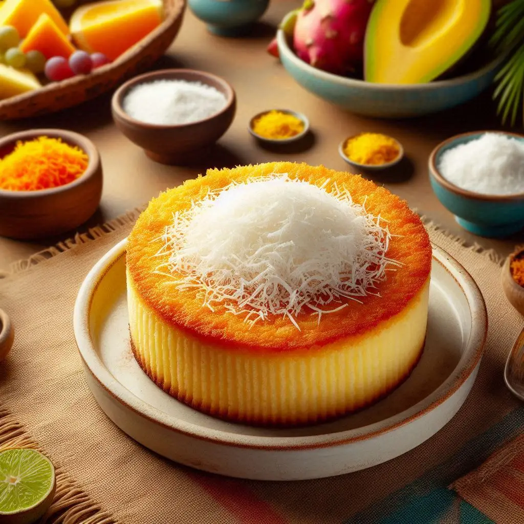 Bolo de mandioca com coco ralado, textura cremosa e dourada, servido em prato simples, típico da culinária brasileira