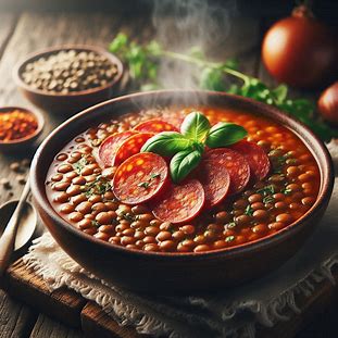 Sopa de lentilha com calabresa servida quente com cheiro-verde por cima.