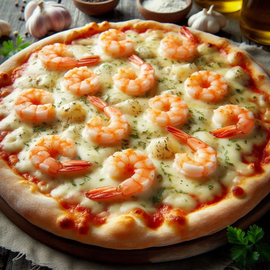 Pizza cremosa de camarão com Catupiry derretido e queijo sobre massa crocante.