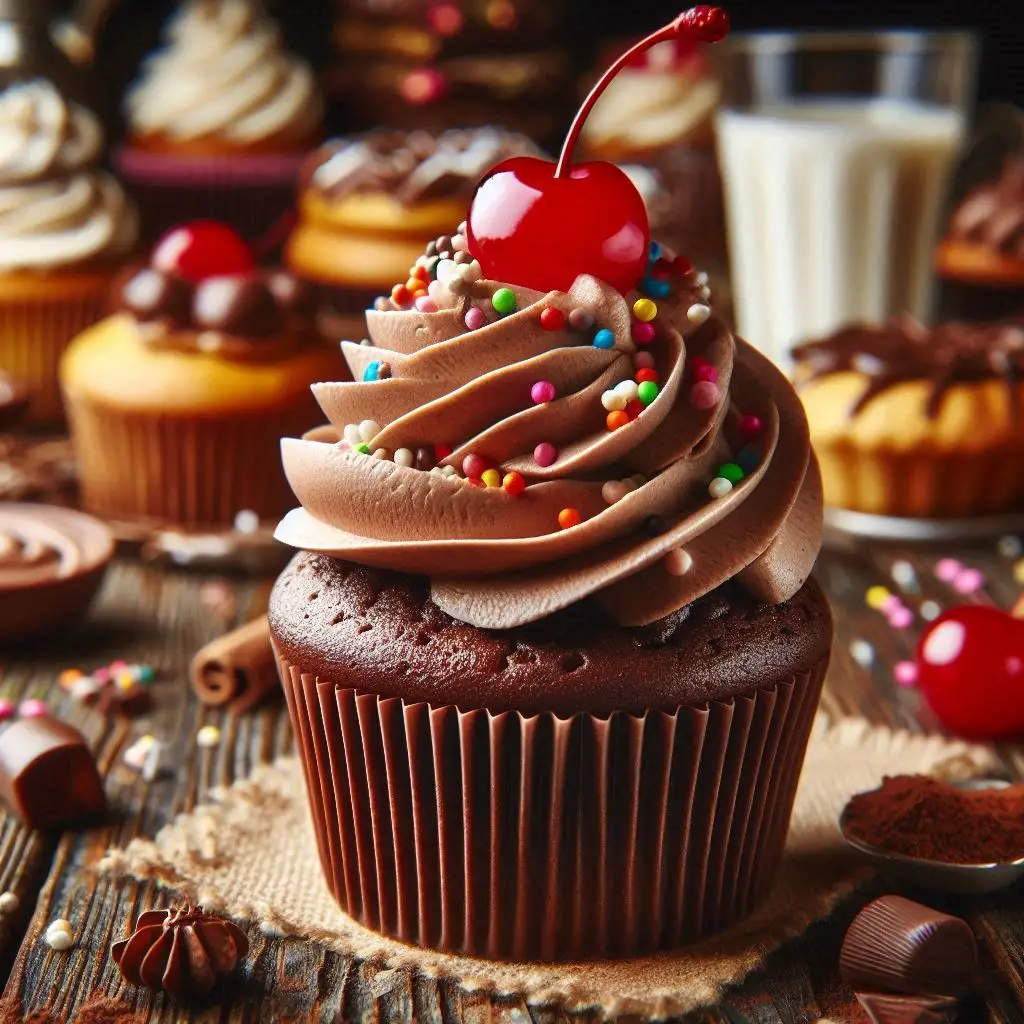 Cupcake de chocolate com massa macia e cobertura cremosa, decorado e pronto para servir em mesa de sobremesas