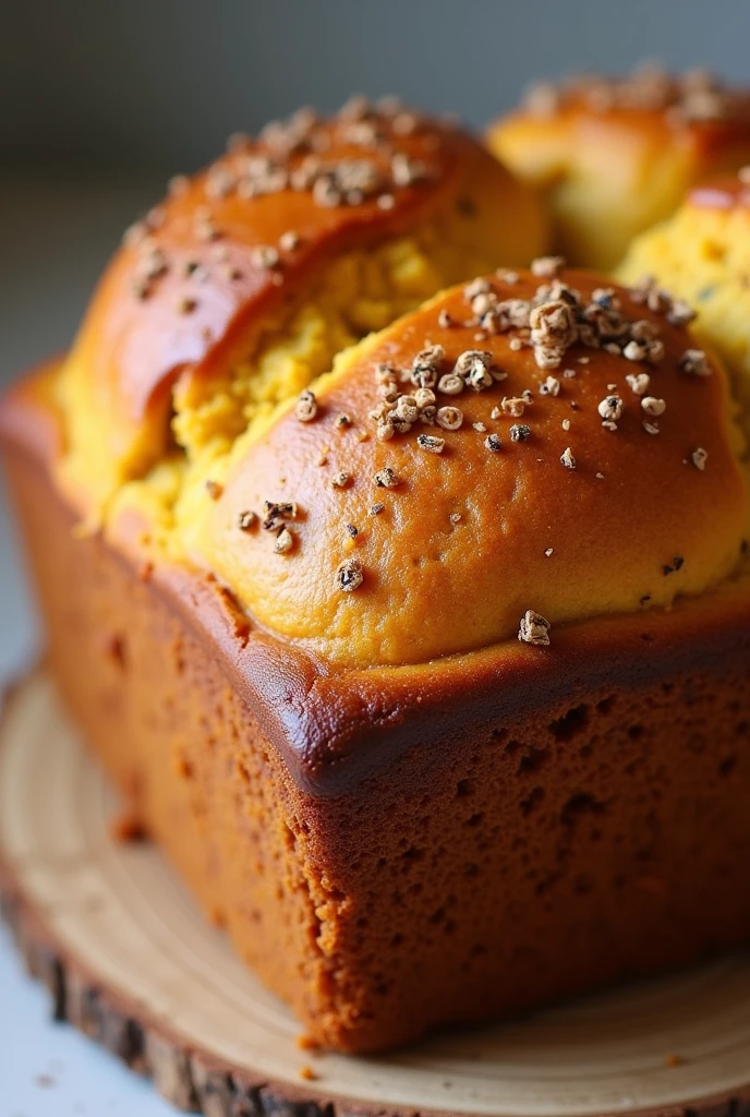 Pão de abóbora dourado com crosta rústica e ervas visíveis.