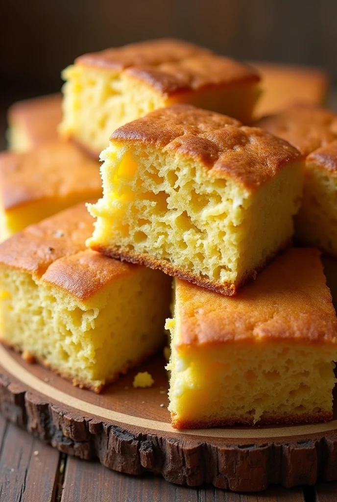 Pão de milho salgado dourado, com miolo macio e textura rústica.