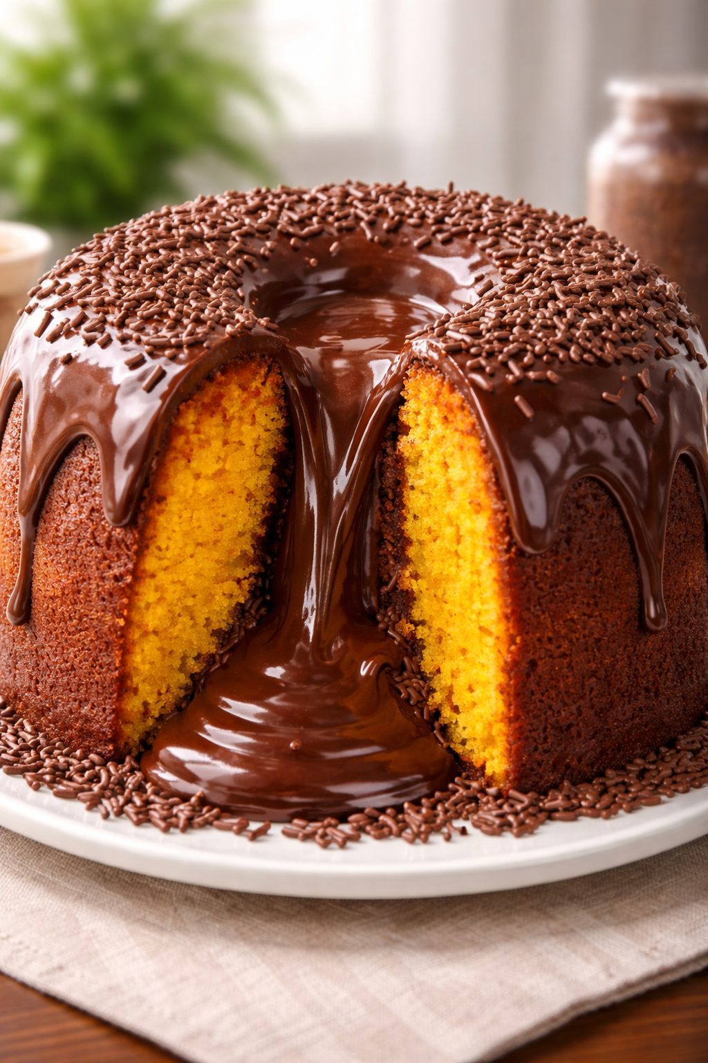 Read more about the article Bolo de Cenoura com Cobertura de Brigadeiro ou raspas para decorar opcional (vulcão)